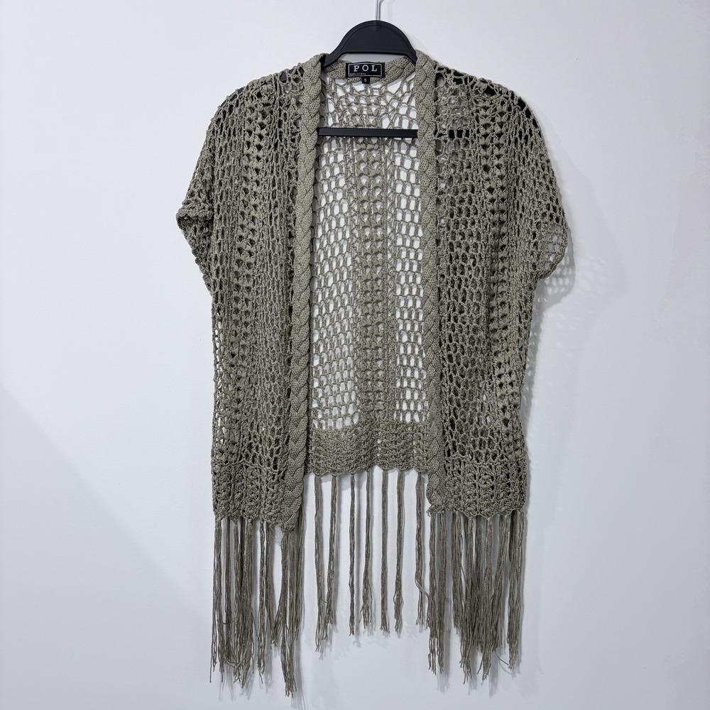 POL Crochet Fringe Cardigan Boho Festival Kimono Open Knit Beach Cover Up Sz‎ S